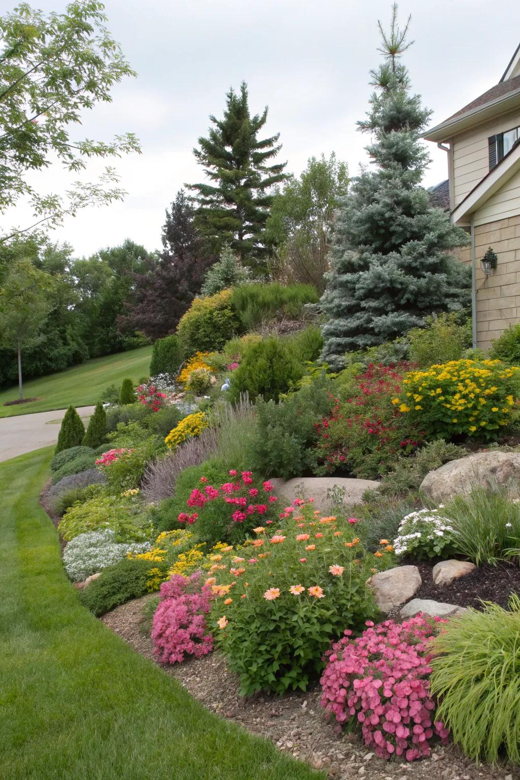 A spectrum of plant life cultivates a lively and animated berm.
