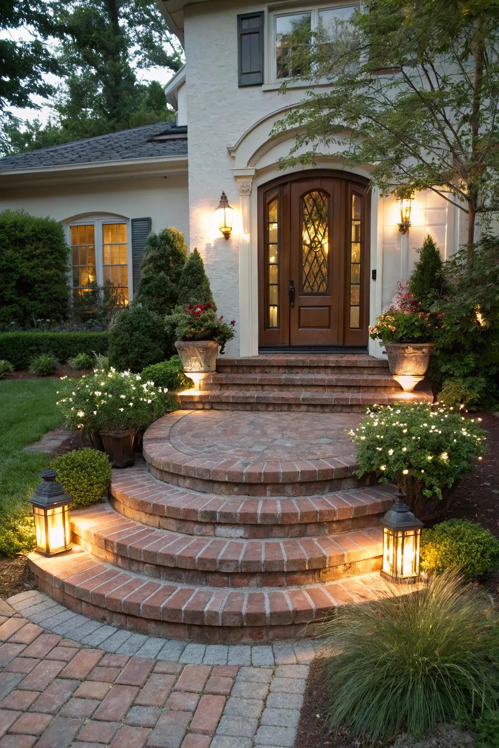 Elegant brick steps make for a splendid entrance.