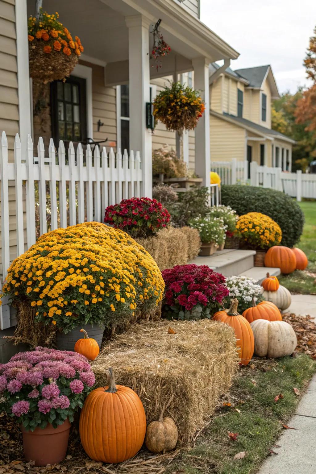 Add charm to your flower beds utilizing gourds and hay bundles.