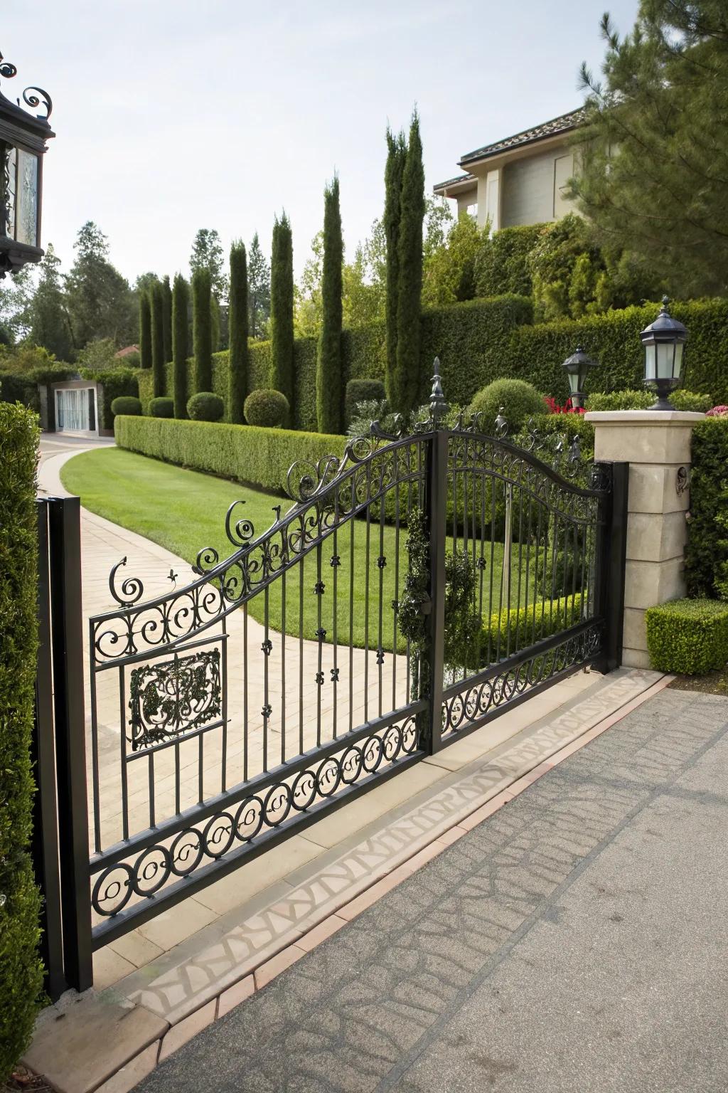 Elegant wrought iron fencing provides both security and style to this upscale driveway.