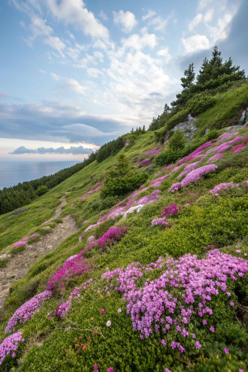 Vibrant ground cover provides color and effectively manages soil erosion.