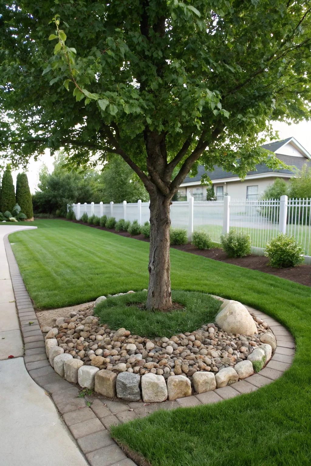 Stone and brick edging impart a traditional touch to tree landscaping projects.
