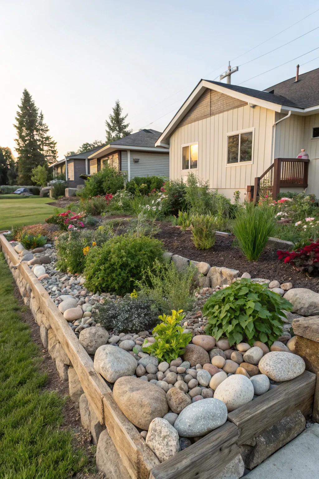 An elevated rock garden bed enhancing a front yard with added depth and structure.