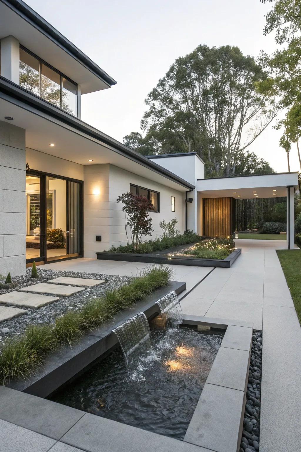A chic water feature adds a serene element to modern front yard landscapes.