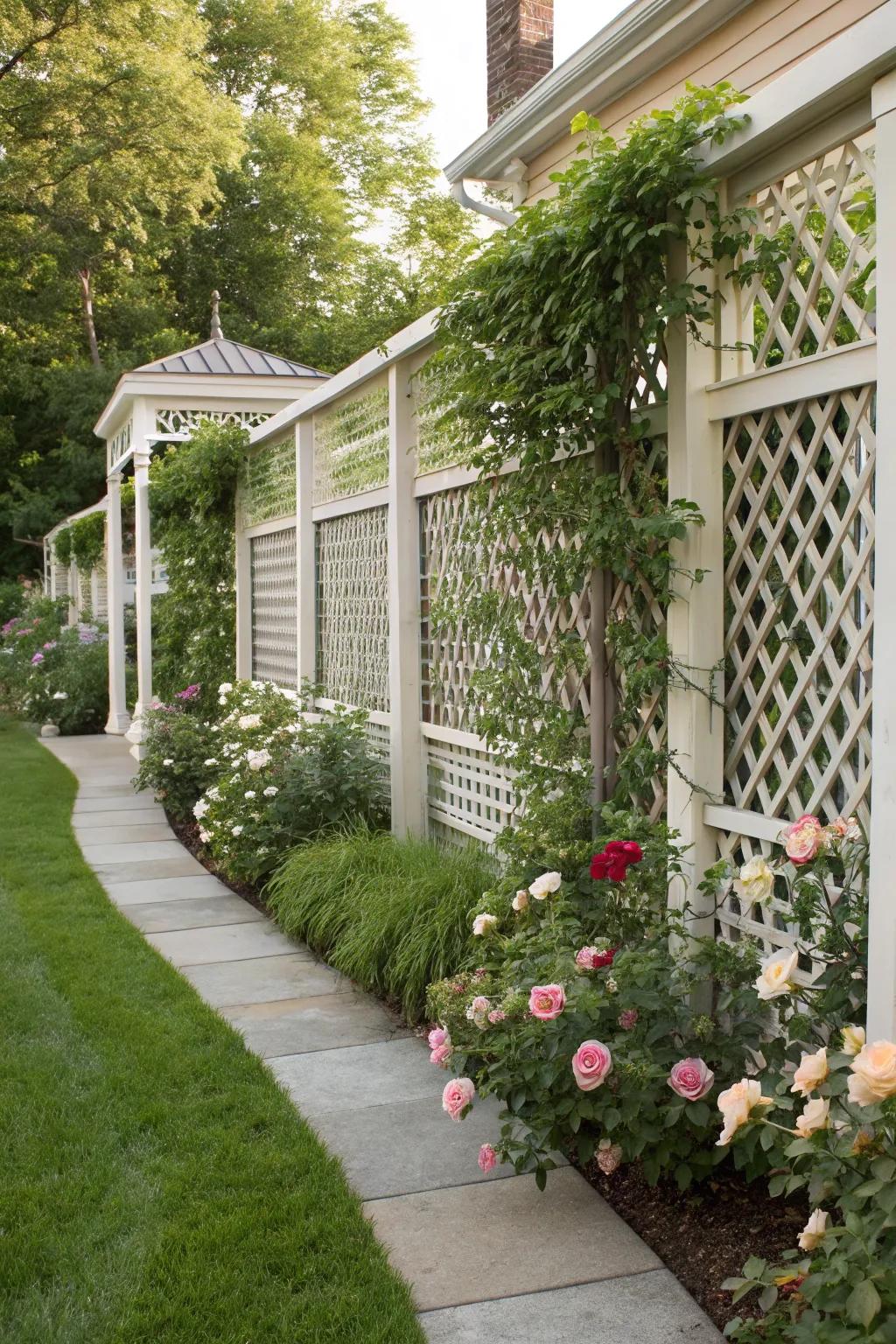 Crisscross panels offer an aesthetic solution for a secluded front yard.