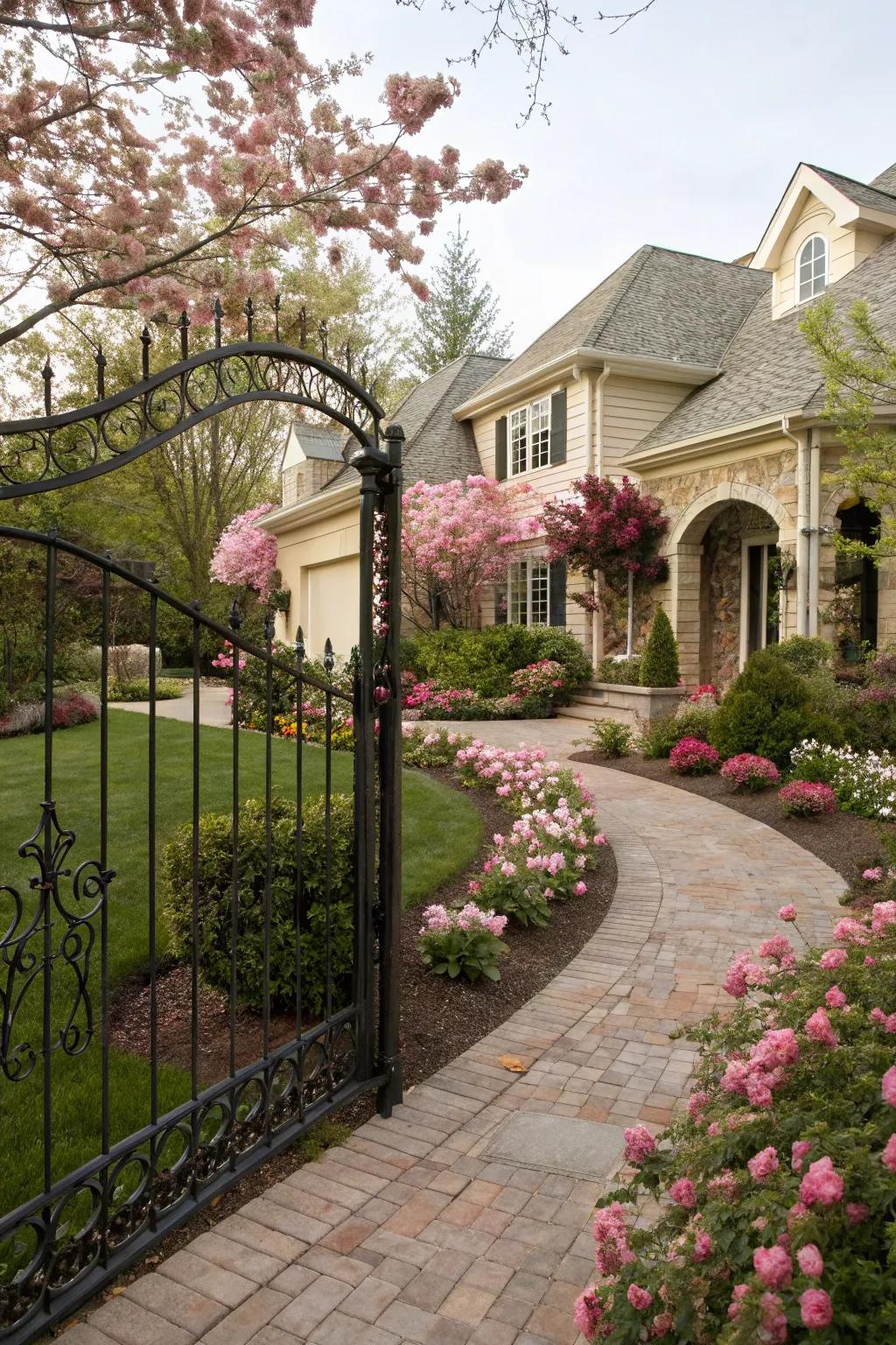 An arched decorative metal fence adding an elegant touch to a front yard bursting with flowers.