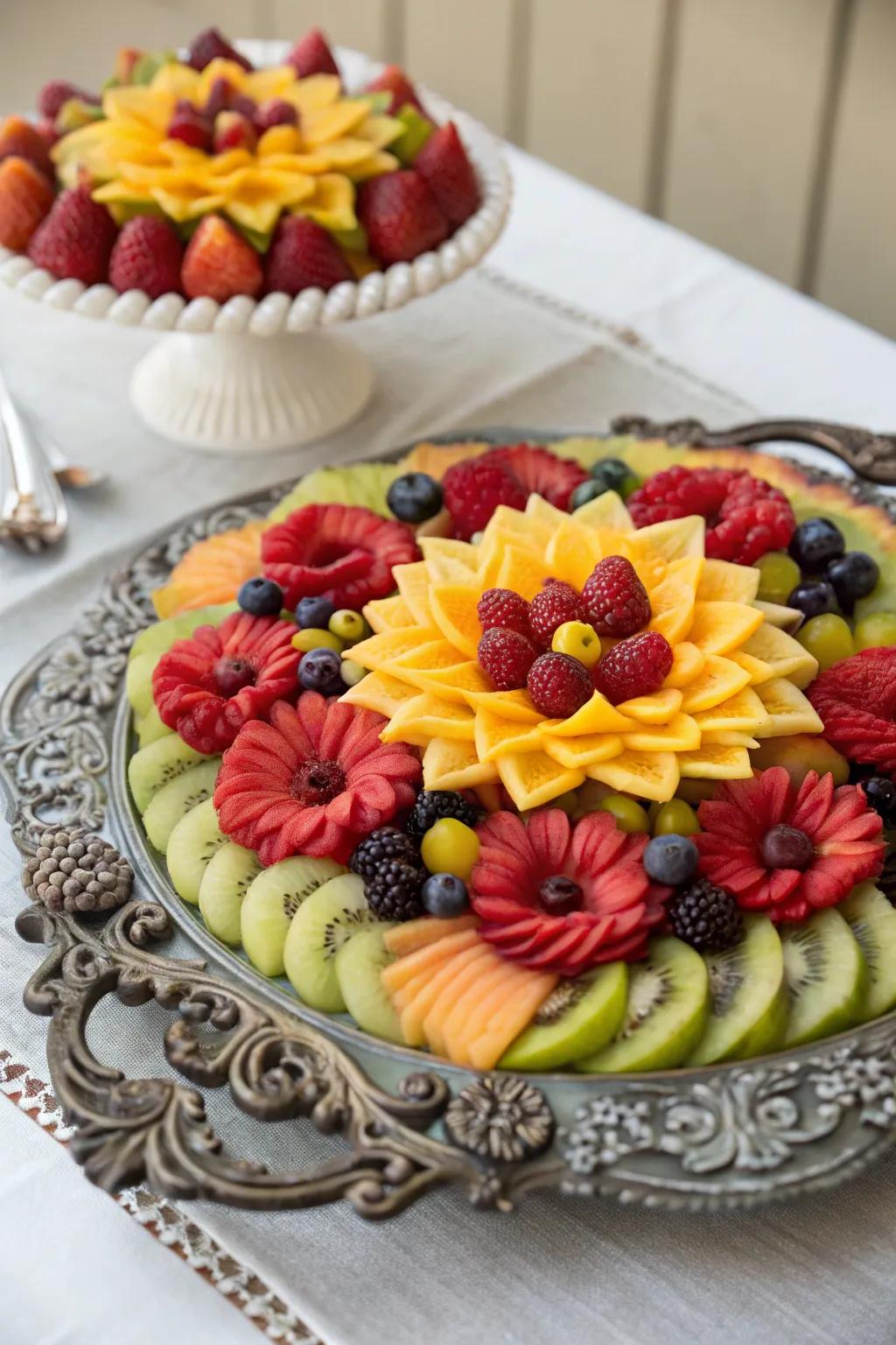Fruits arranged in floral patterns produce a striking visual point of interest.