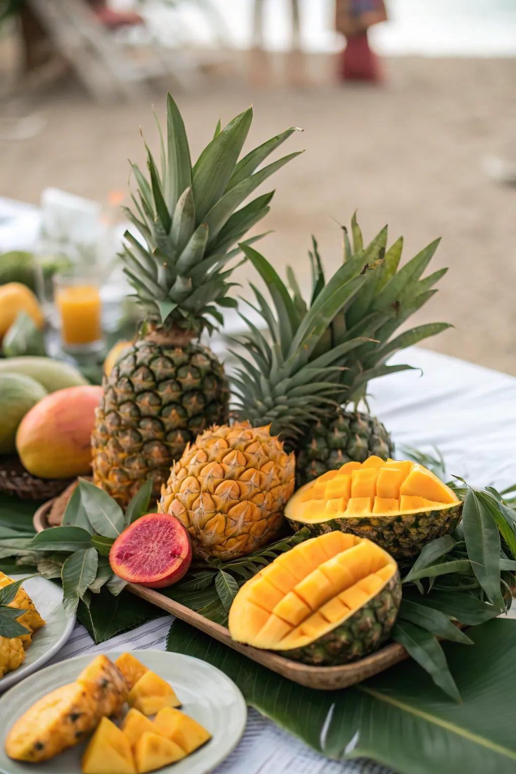 A tropical-themed fruit table conveying summer vibes.