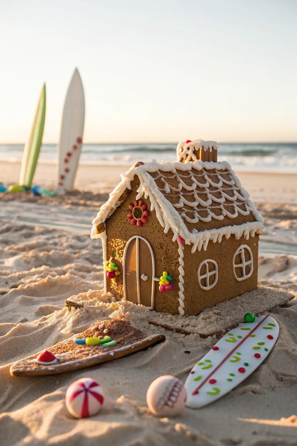 A seaside-inspired gingerbread house