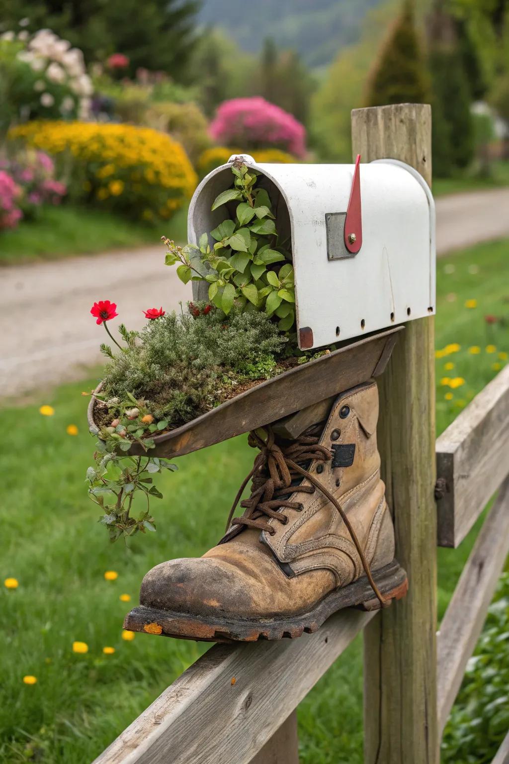 A countryside footwear mailbox merging ingenuity with greenery.