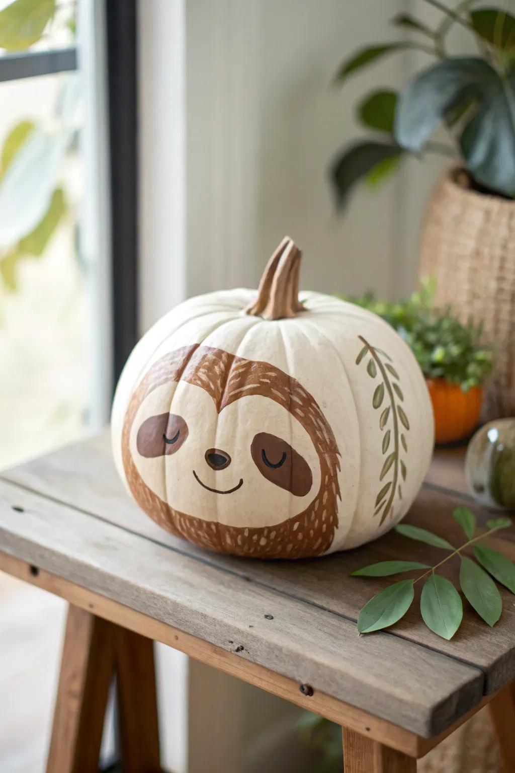 Add an element of fancifulness to your decor with this captivating sloth-themed painted pumpkin!