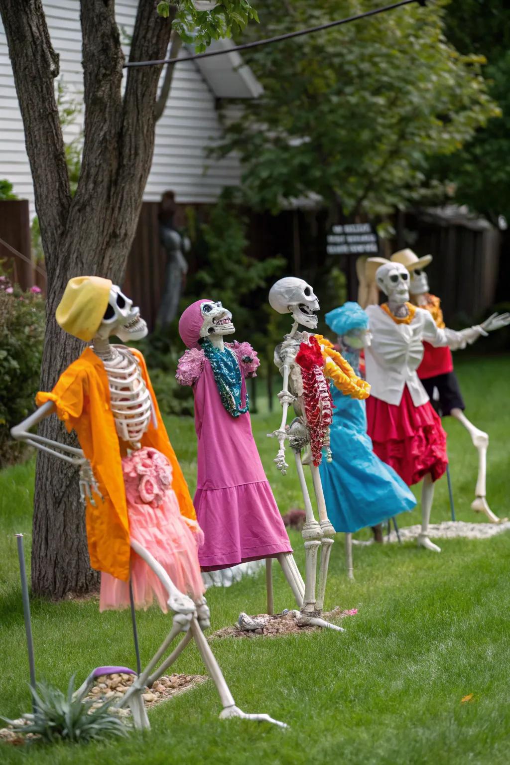 Skeletons flaunting their attire in a backyard ramp-walking arrangement.