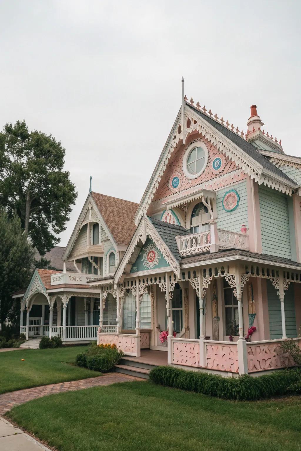 Gingerbread-inspired gables contribute whimsical, intricate detailing.