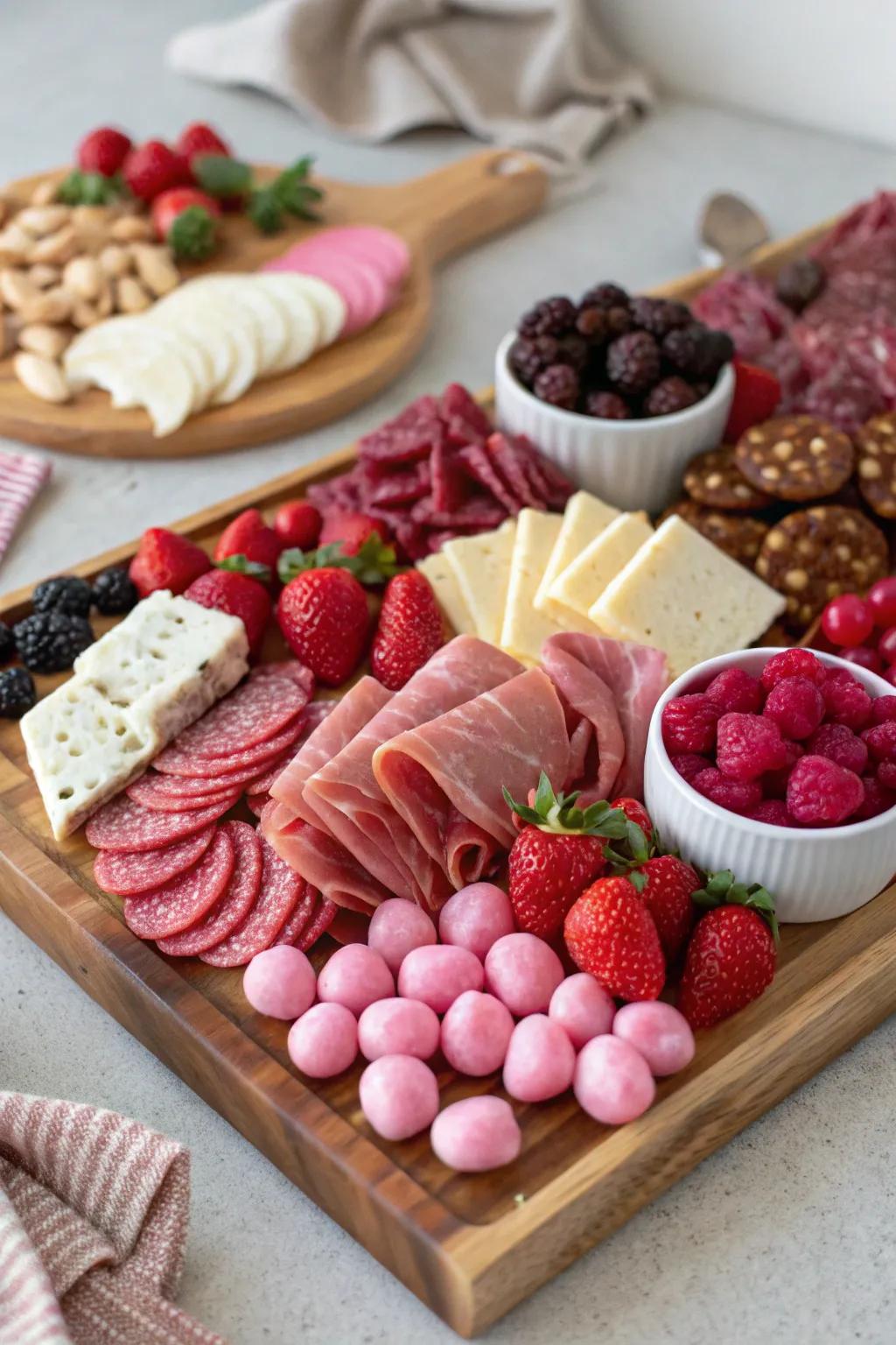 A beautifully organized snack board perfect for Galentine's Day.
