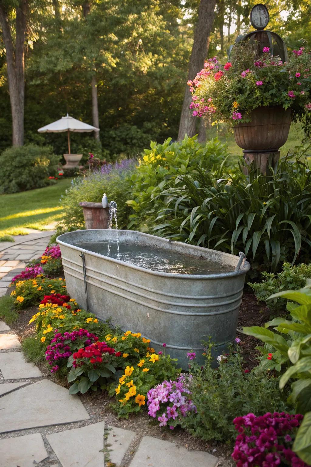 A galvanized container fountain serving as a stunning garden focal point.