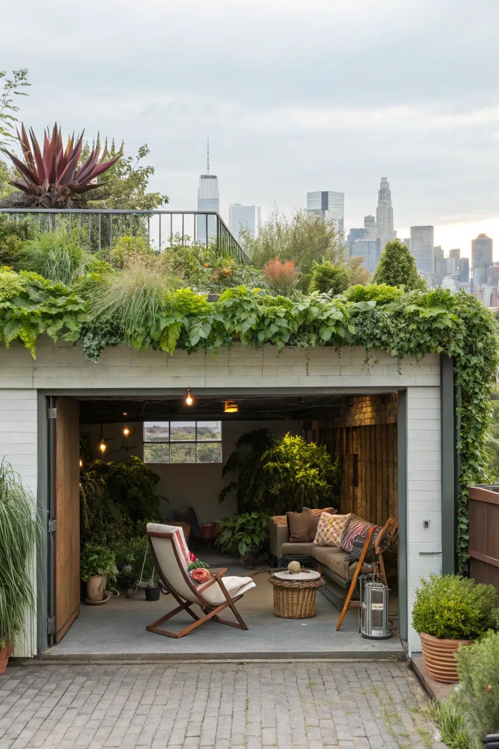 A garage adorned with a lively rooftop garden.
