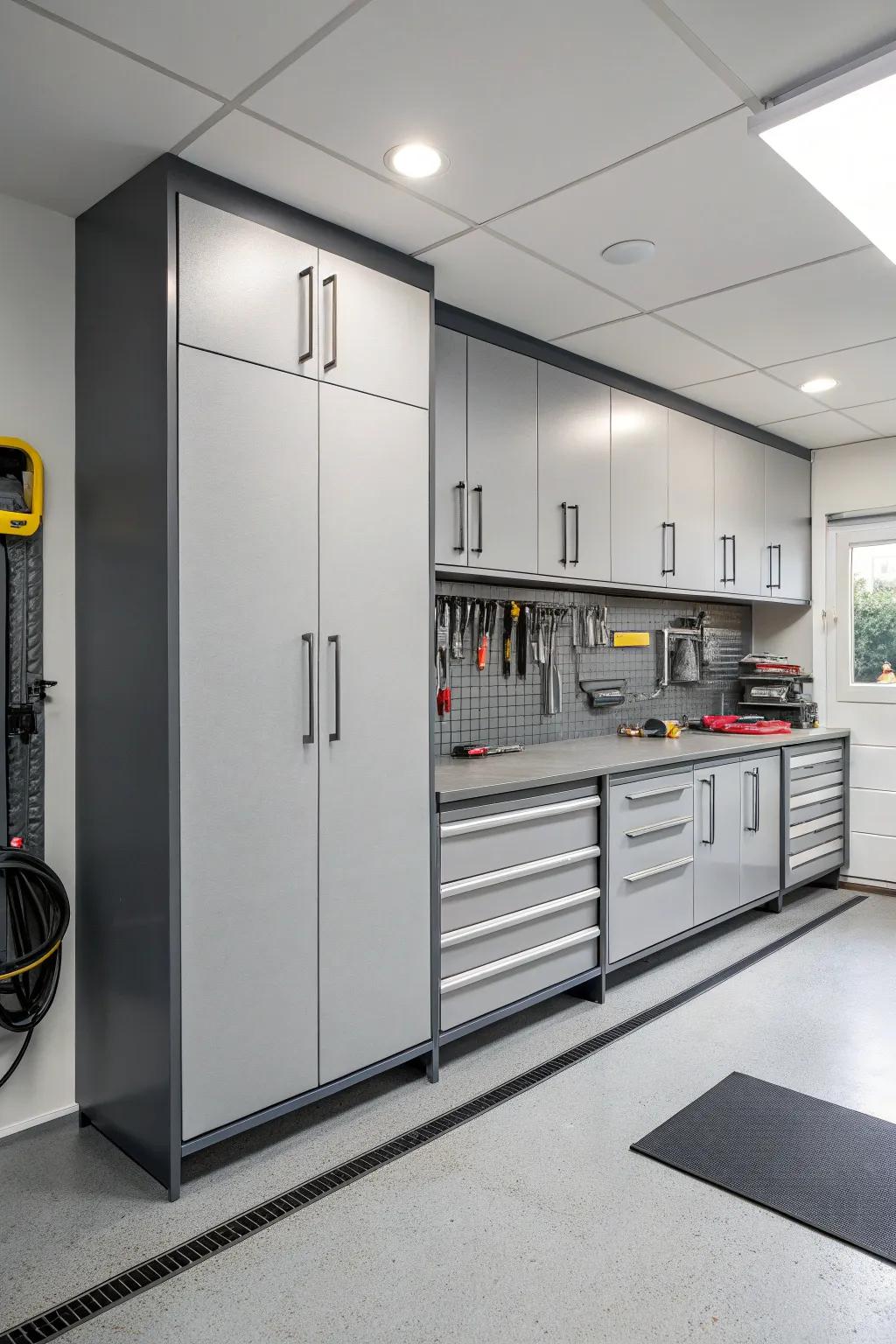 A modern garage featuring gentle slate organizers for a relaxed environment.