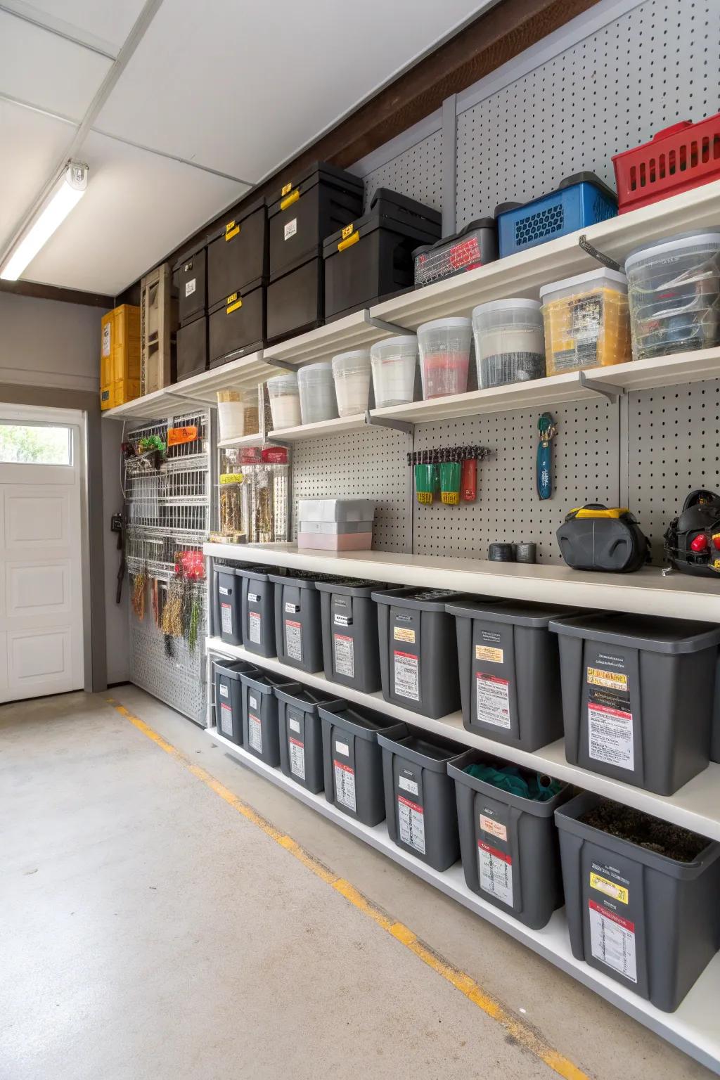 Creative storage options maintain garage organization and eliminate clutter.