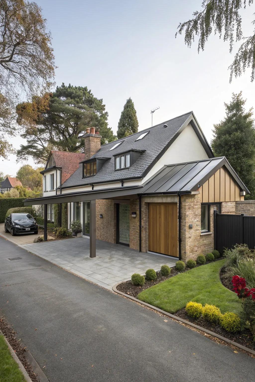 A smooth integration of garage and home architecture establishes a unified aesthetic.