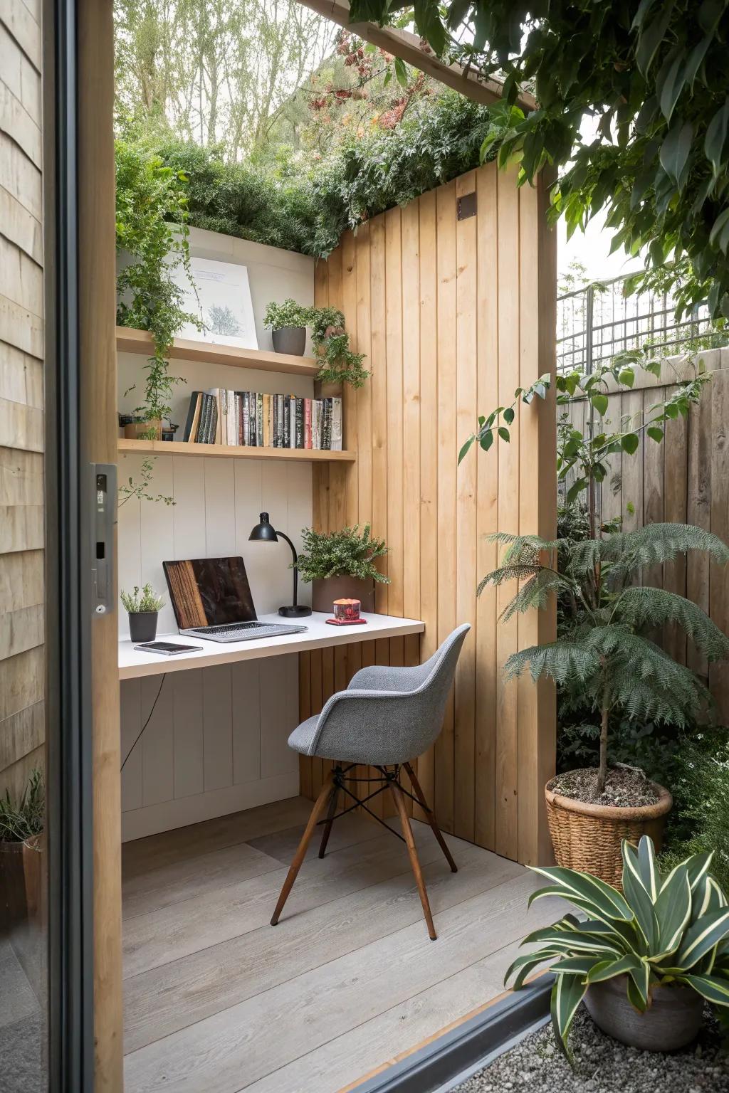 A space-conscious corner garden office, intelligently utilizing limited space.