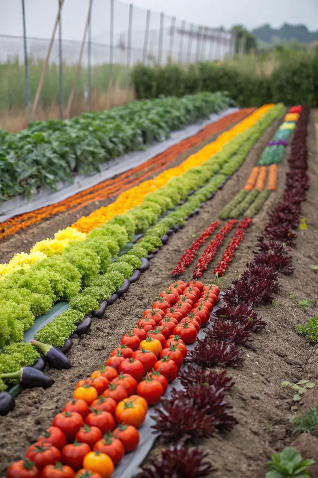 A garden plot where vegetables are arranged in a lovely color pattern.