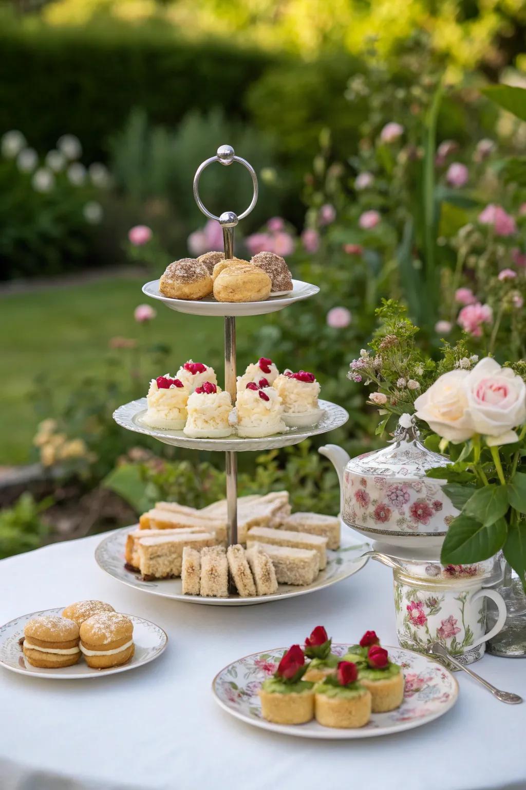 Leveled stands exquisitely present an array of tea-time delicacies.