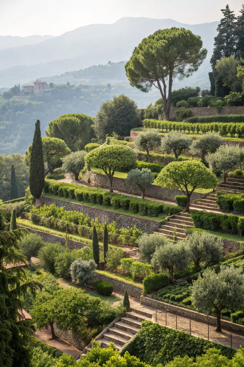 Terraced garden plots incorporating trees as central elements.