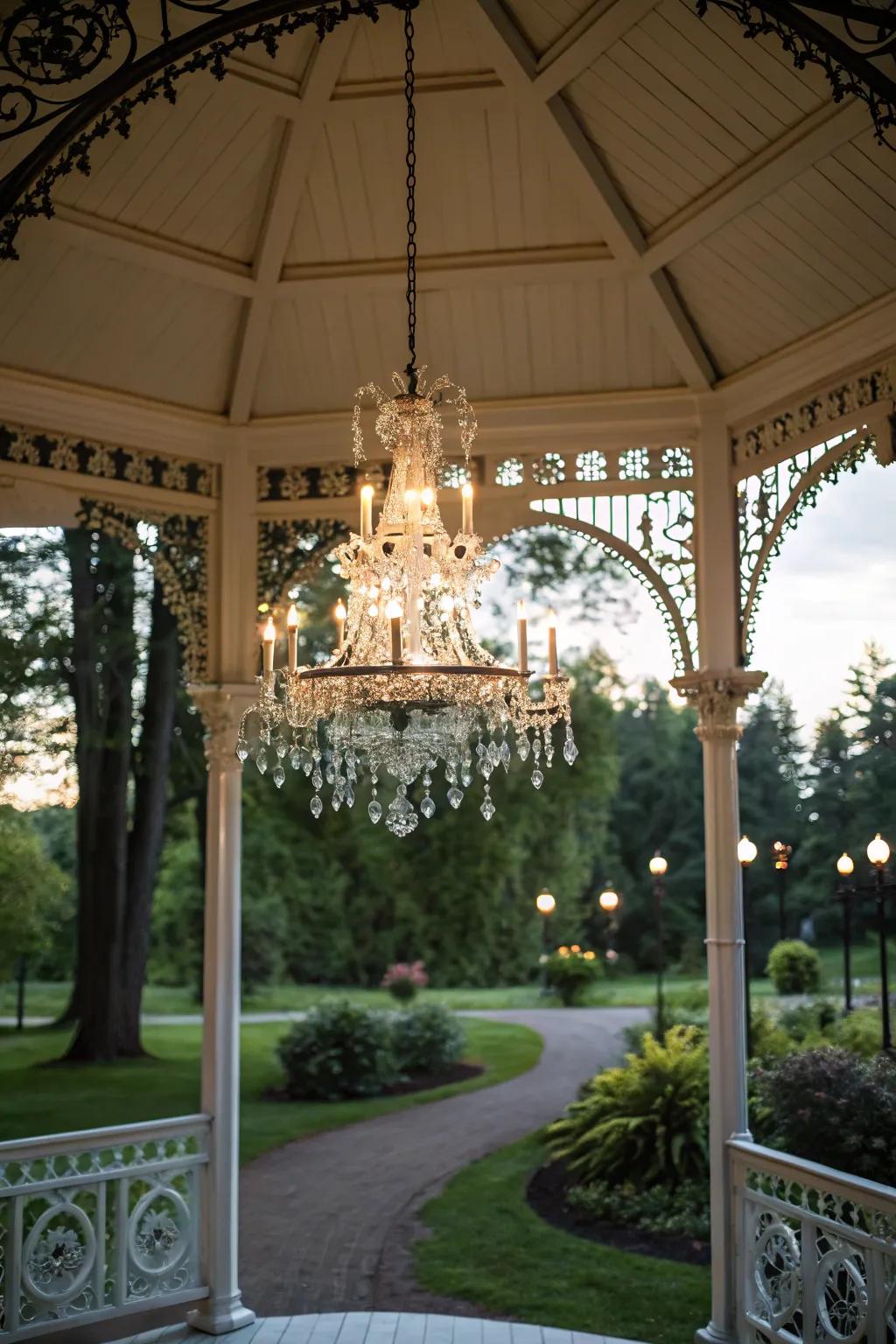A grand light acting as the sophisticated centerpiece in a gazebo.