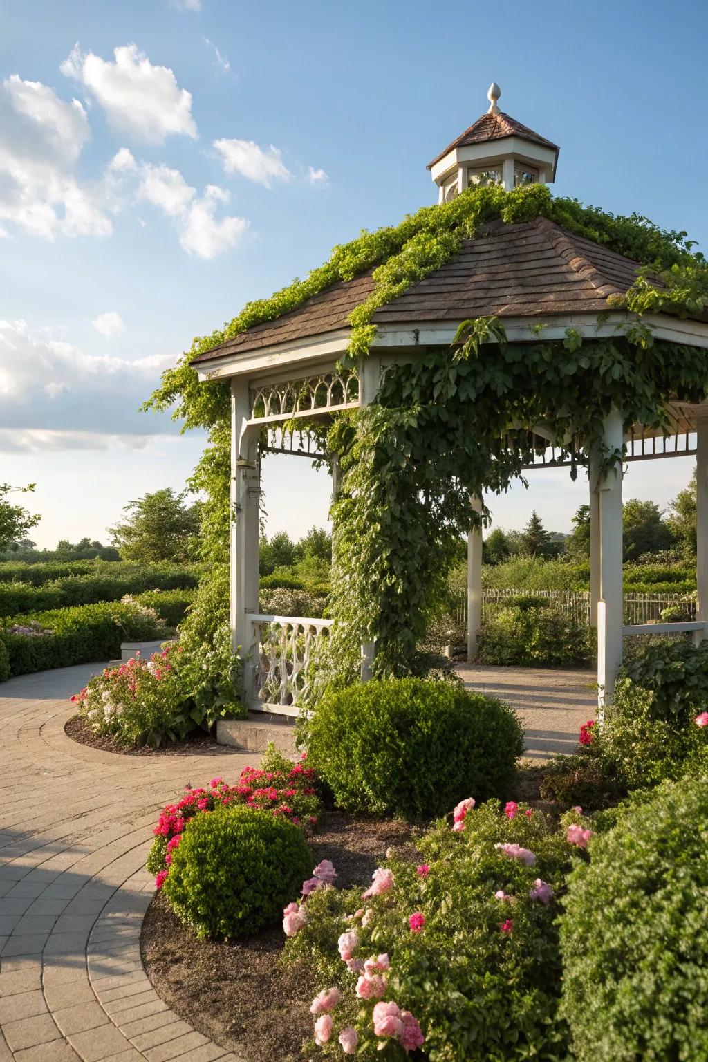 A gazebo featuring a pergola roof, gracefully covered with climbing greenery.