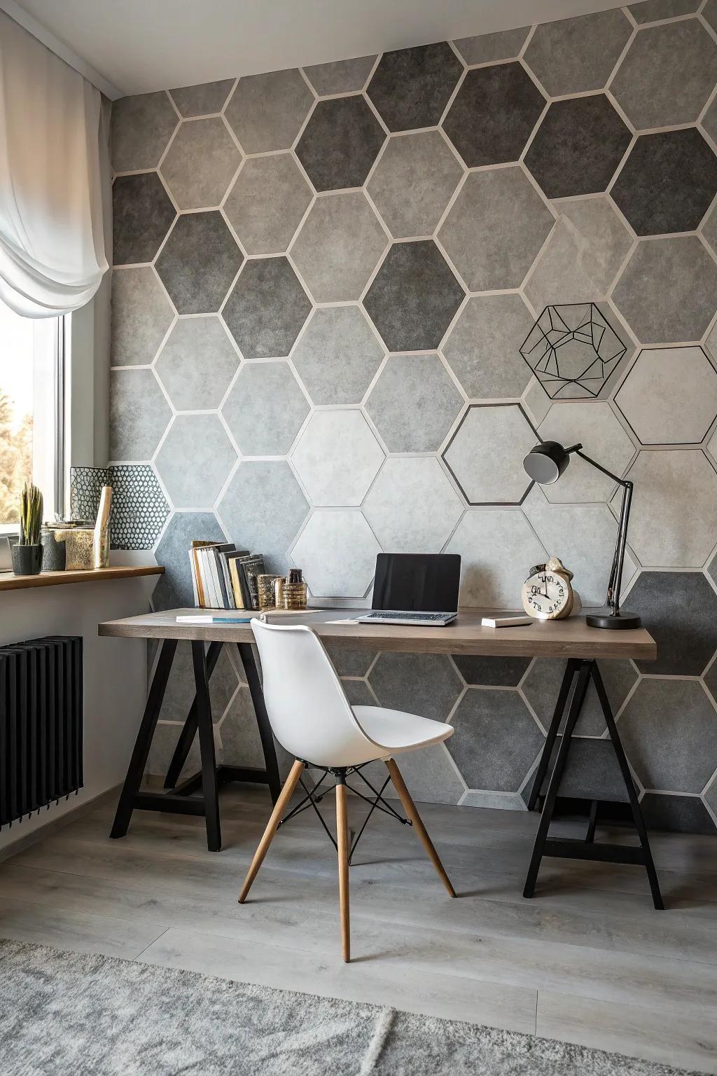 A study enhanced by a fashionable hexagon geometric wall design.