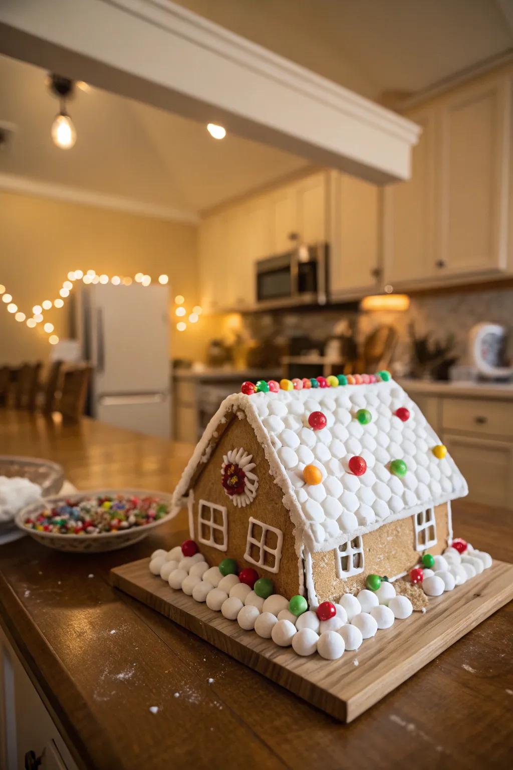 A gingerbread rooftop enveloped in a sweet cushion snowfall.