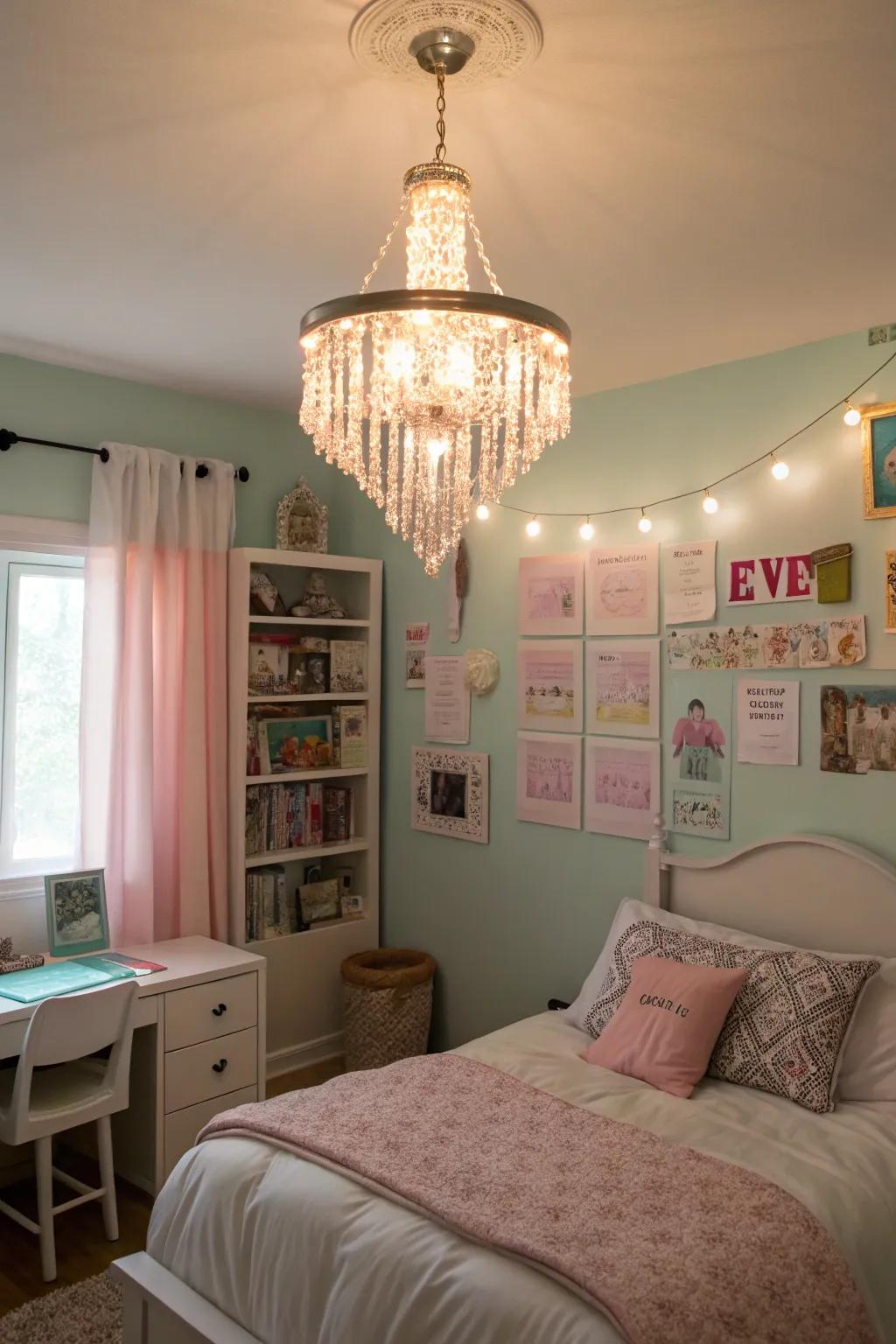 A chandelier brings a hint of luxury to the bedroom.