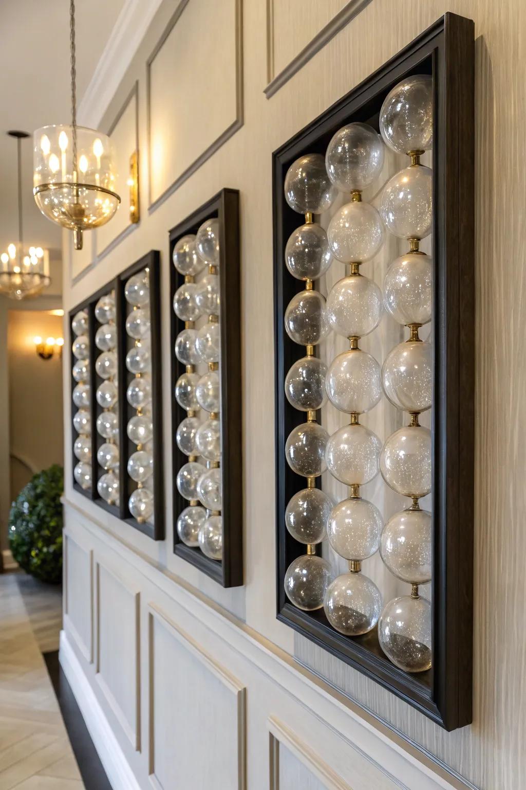 Suspended art effect created with framed reflective spheres.