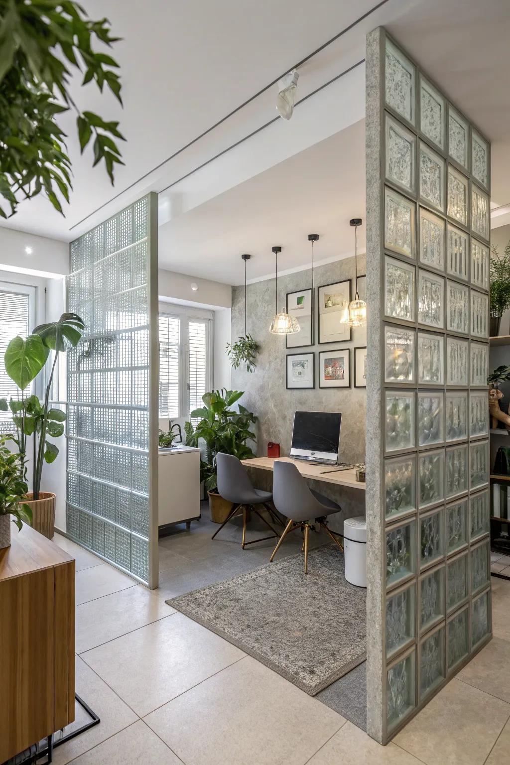 A contemporary home office displaying prismatic wall partitions, merging aesthetics with practicality.