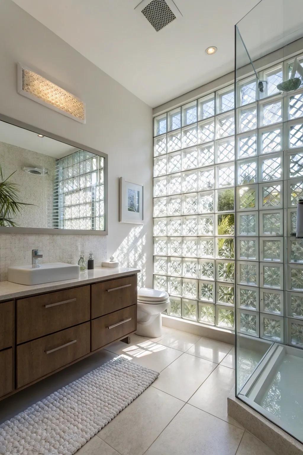 A bathroom transformed by a glass brick window for privacy and light.