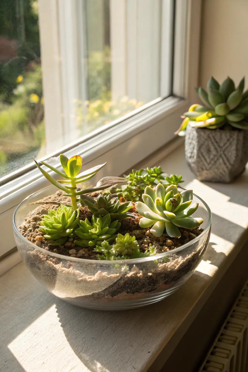 Tiny fleshy plants inside a glass bowl inject a hint of greenery.