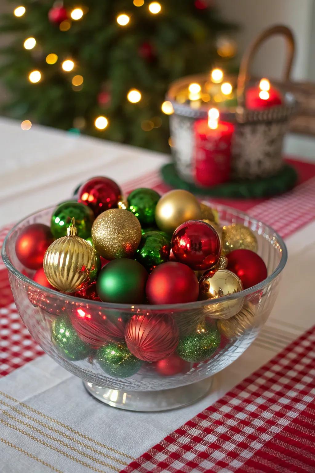 A lively assortment of baubles housed within a clear vessel.