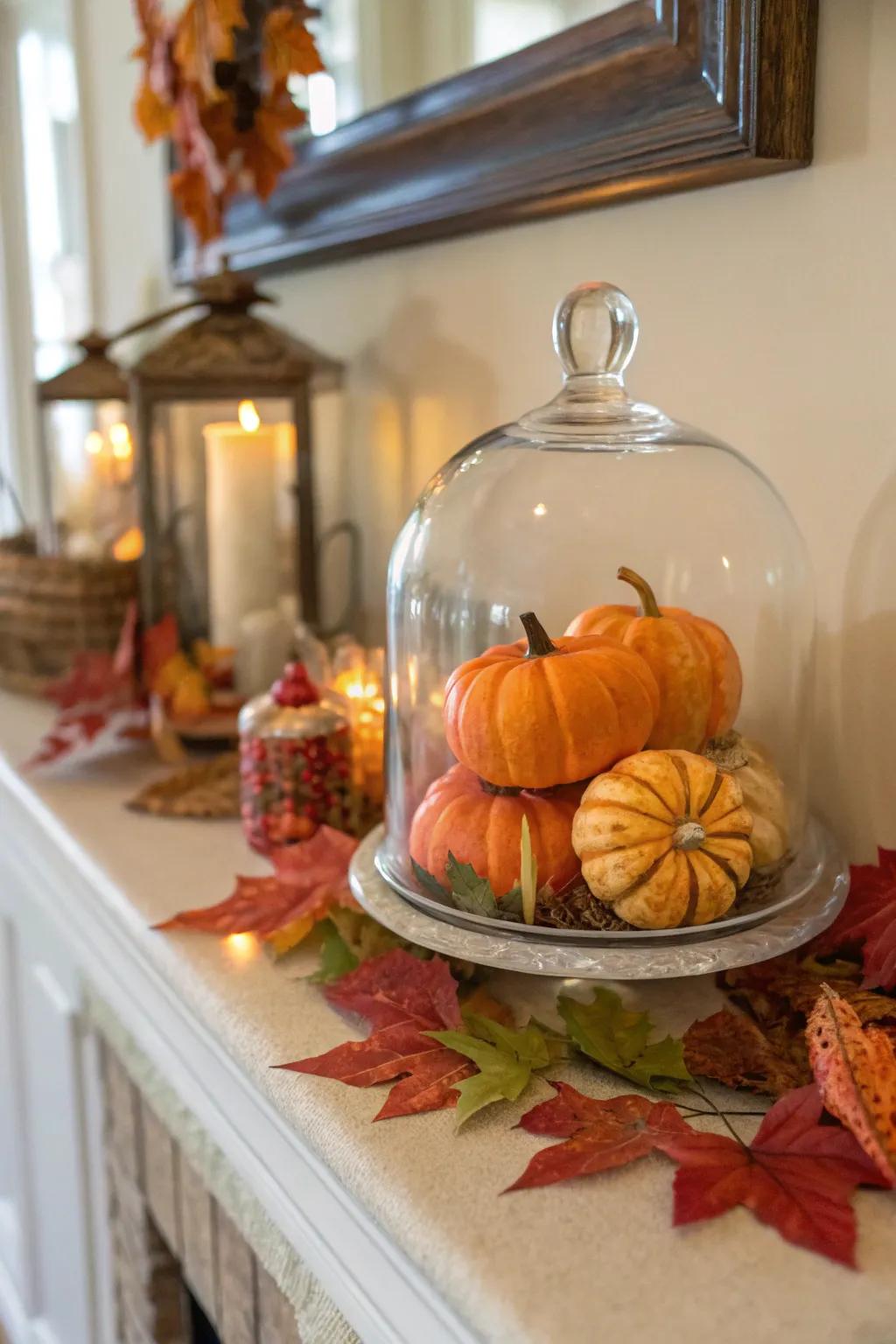 Seasonal style such as pumpkins and leaves bring fall appeal under a glass dome.