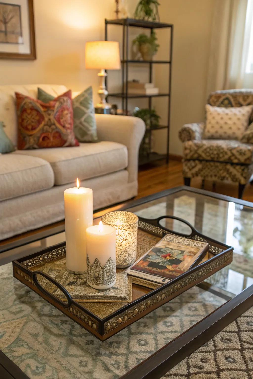A serving tray introduces elegance and structure to a glass coffee table.