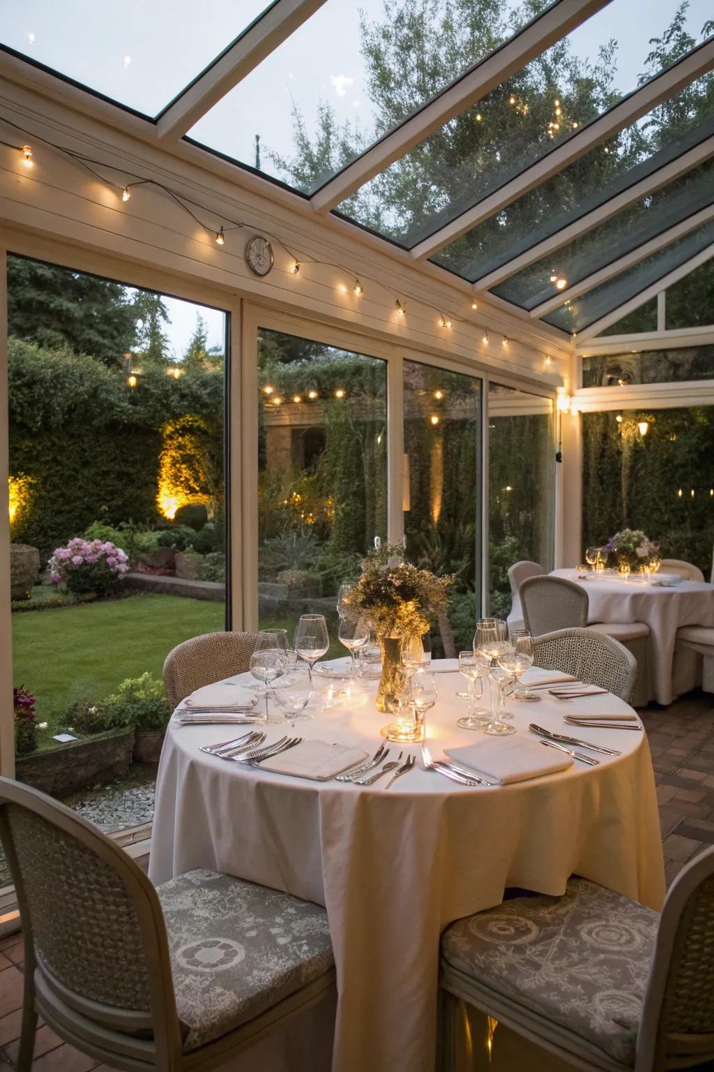 An exquisite dining area that merges harmoniously with the external landscape.