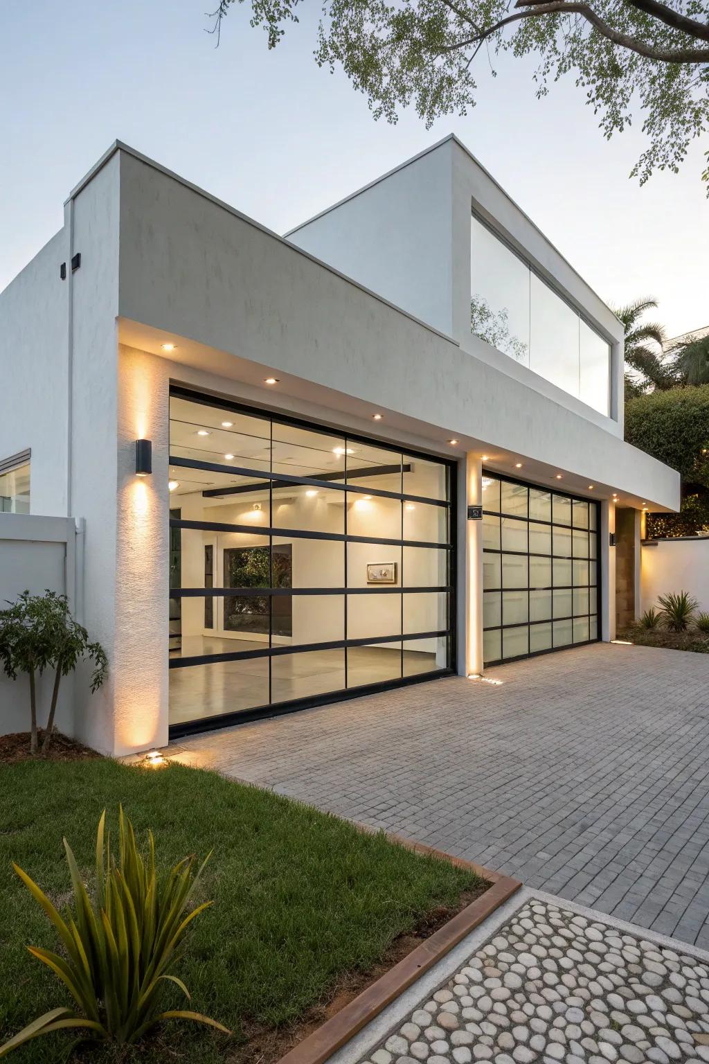 A modern home exterior showcasing a sleek glass garage door.