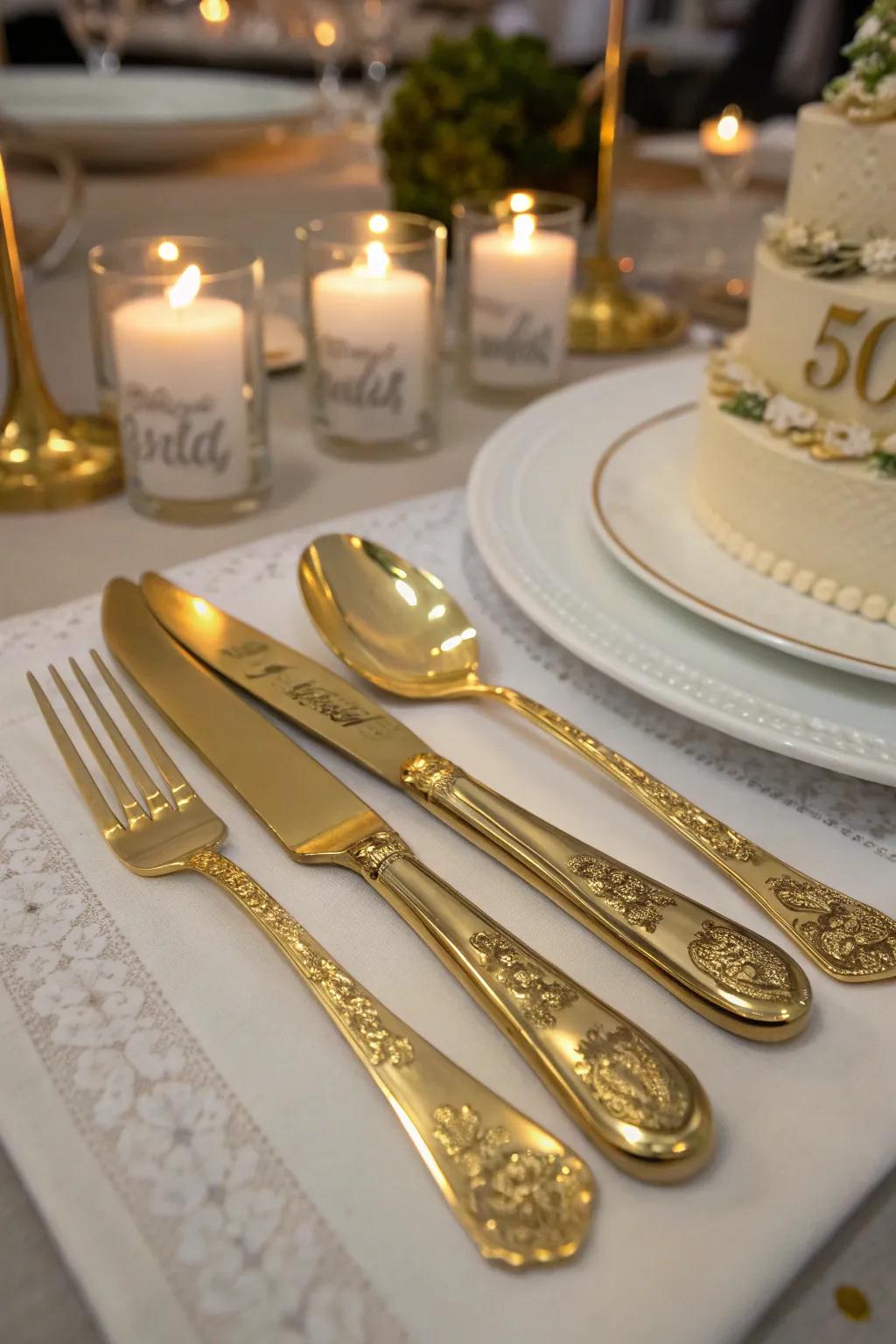 Bespoke gold flatware introduces a thoughtful aspect to the celebration.