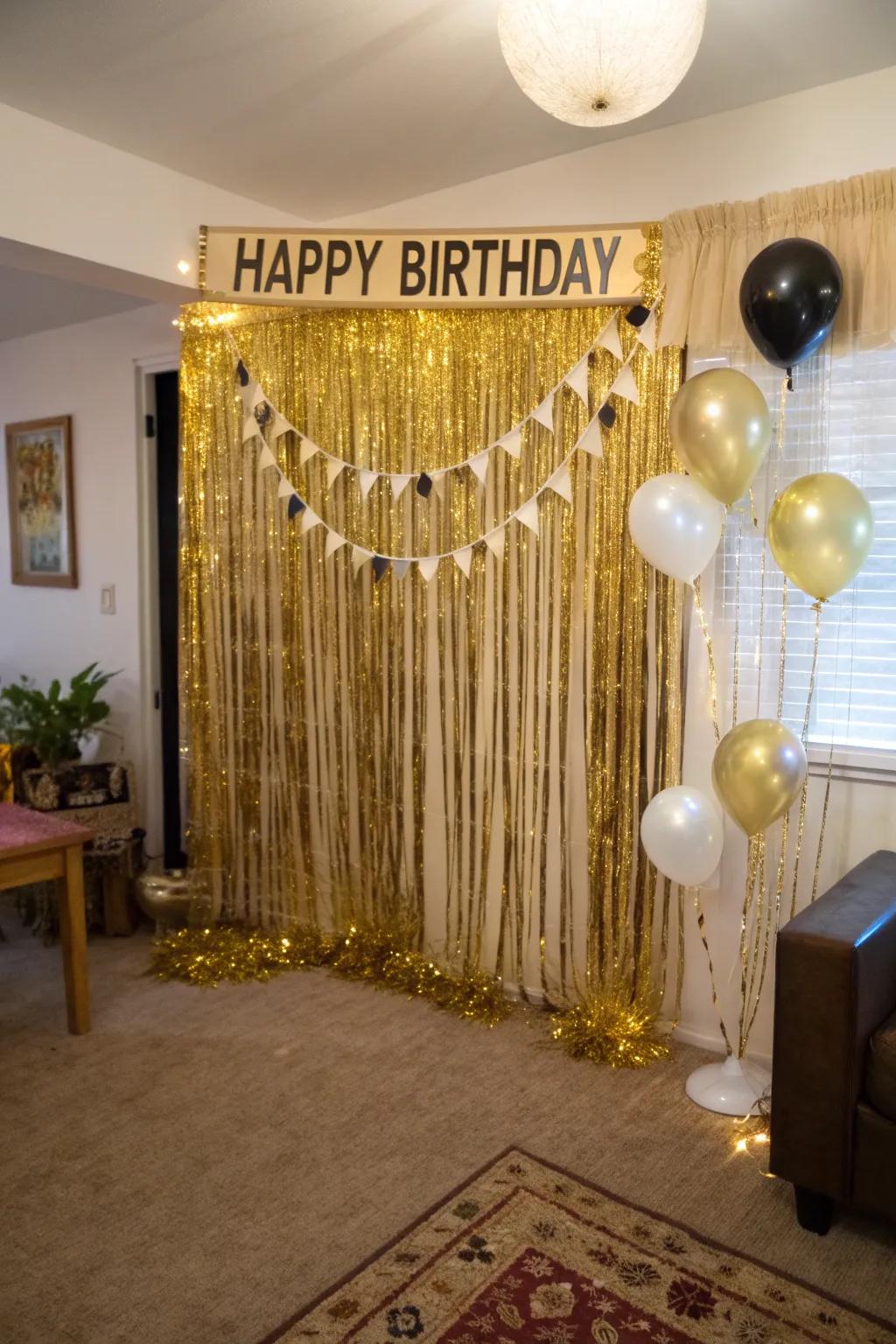 A golden tassel backdrop is ideal for preserving birthday recollections.