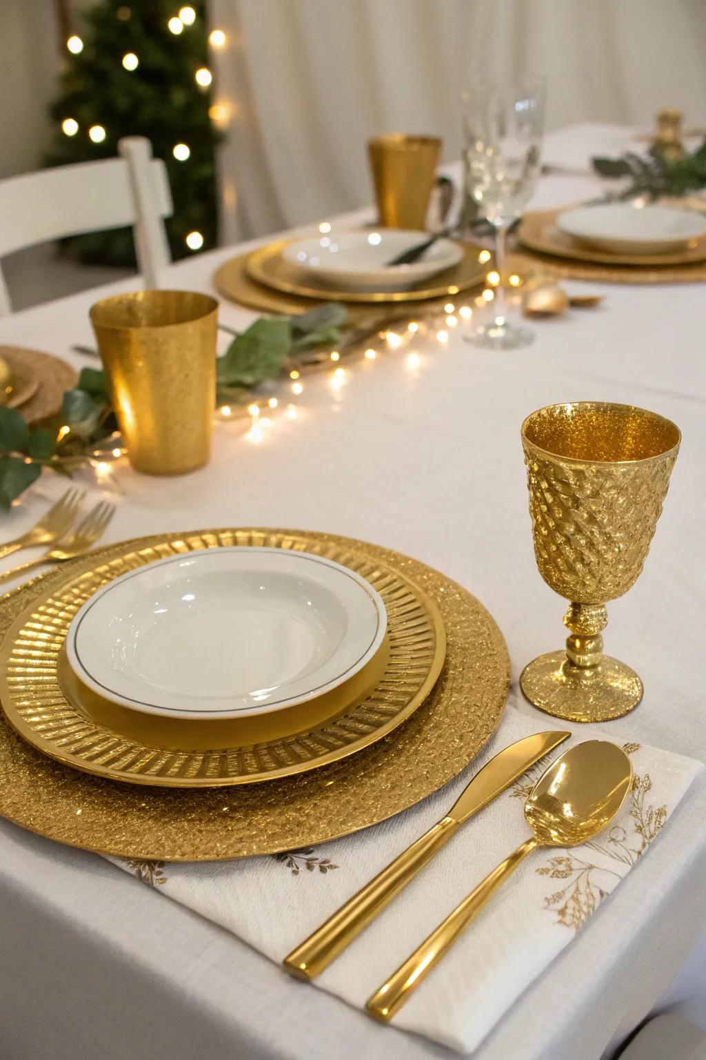 Gold tableware enhances any dining setting with a hint of luxury.