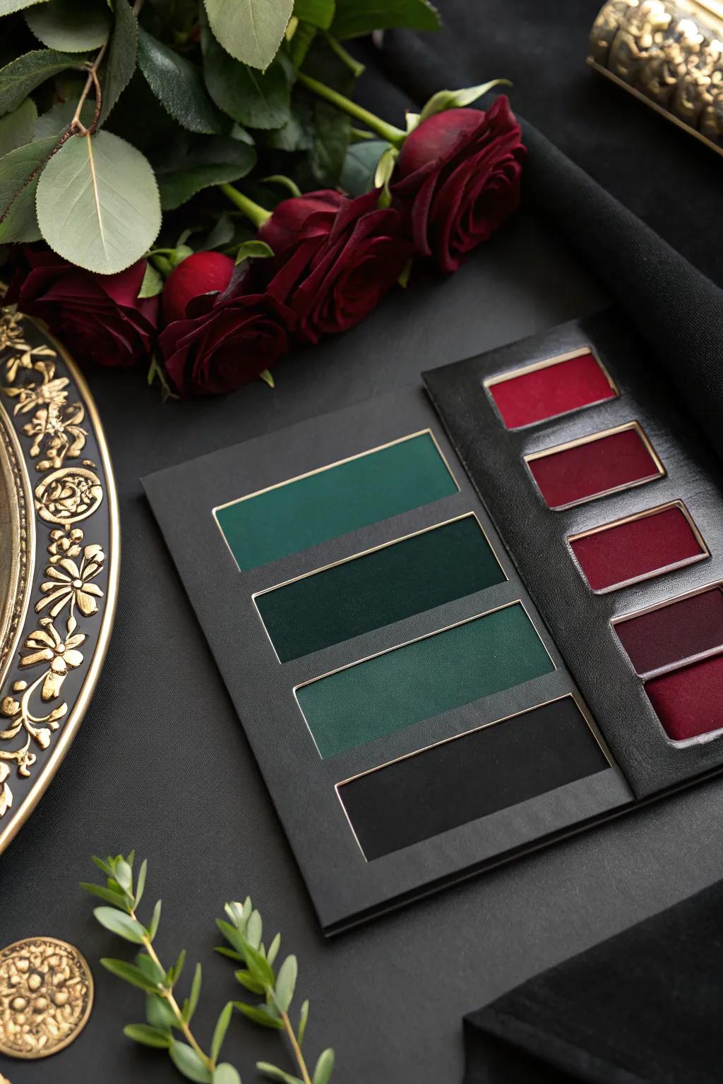 A gothic wedding color scheme featuring shadowy, forest, and wine tones.