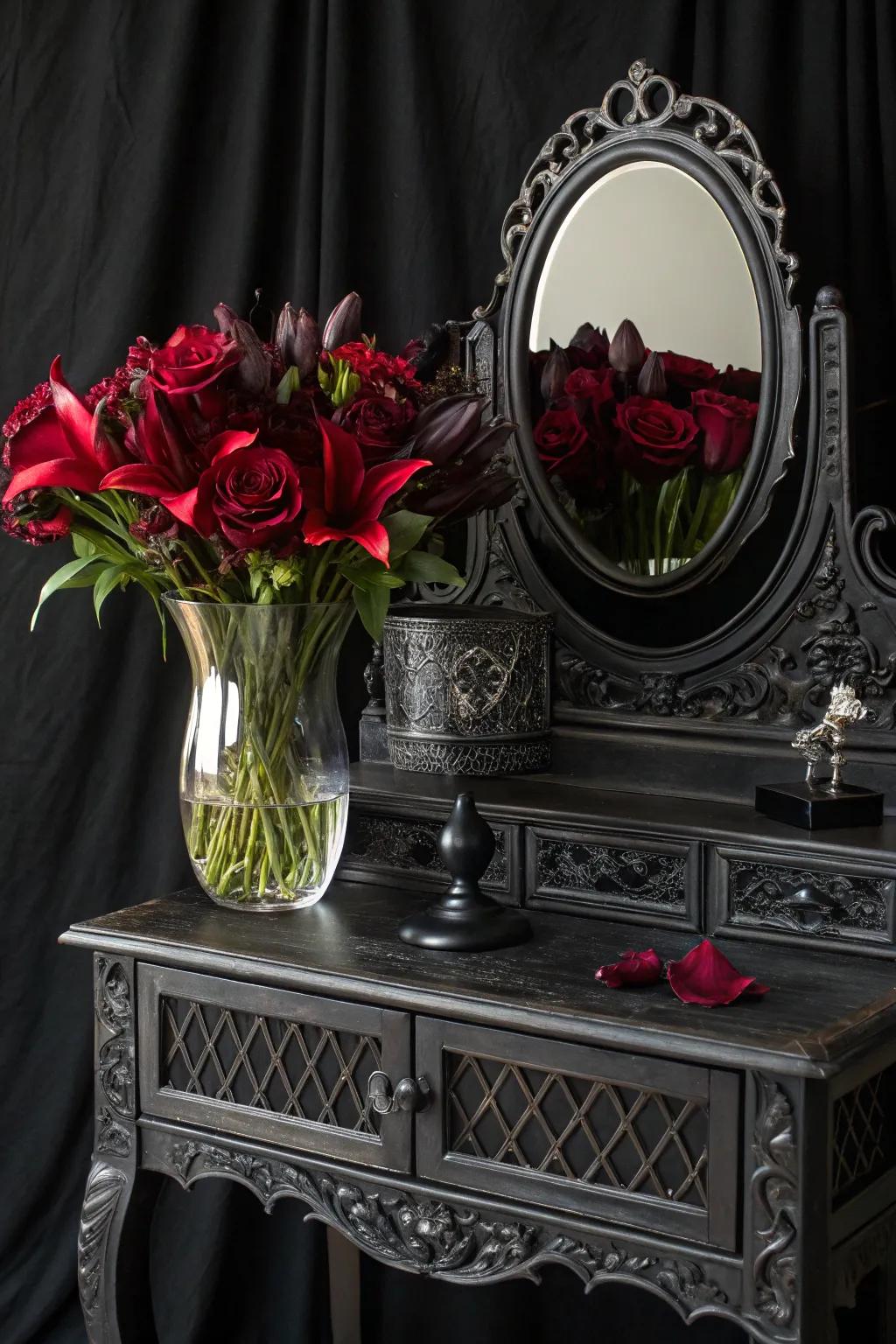 Deep colored floral arrangements deliver a natural drama to your shadowed dressing table.