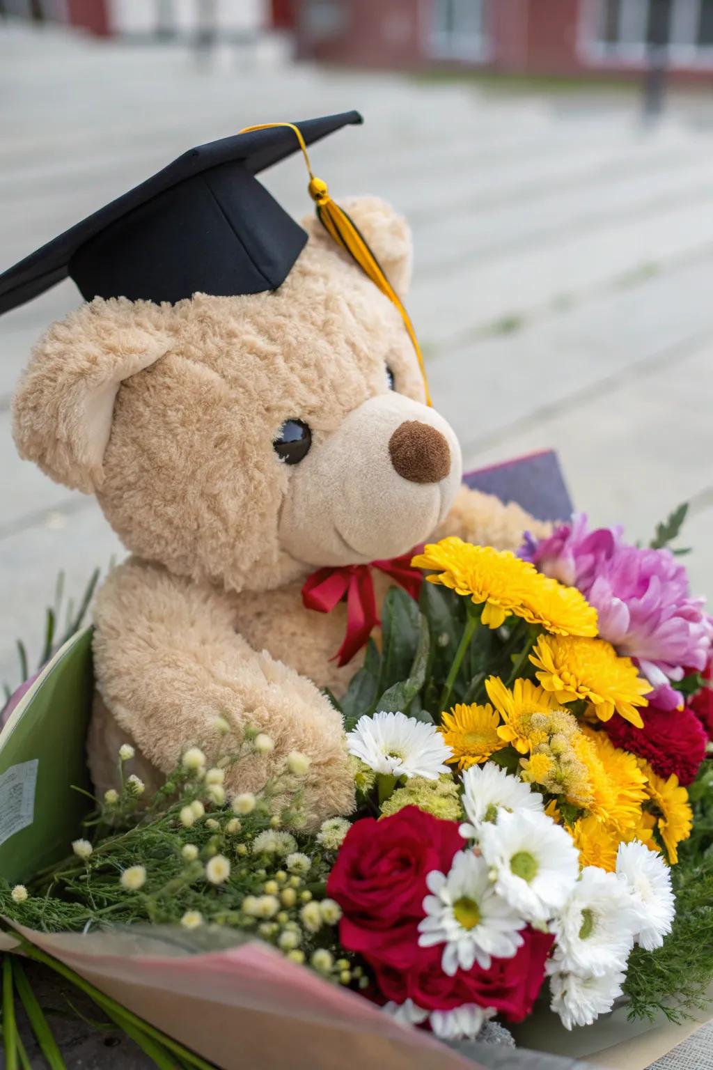 A fun arrangement starring a plush teddy bear for graduation.
