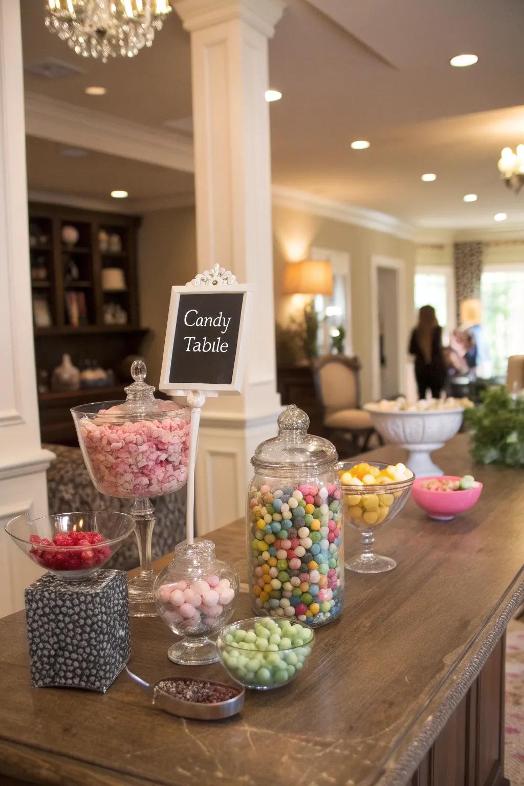 Blackboard markers offer a chic method to guide your guests through the candy selection.
