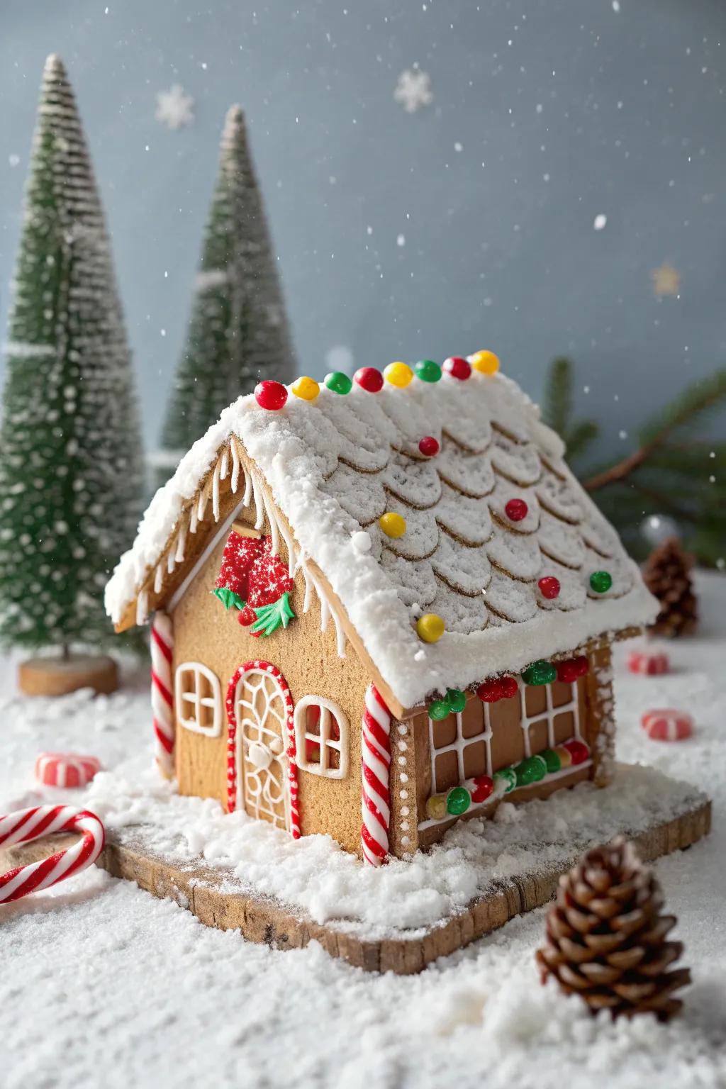 Sweet striped villa gingerbread house displaying striking celebratory hues.