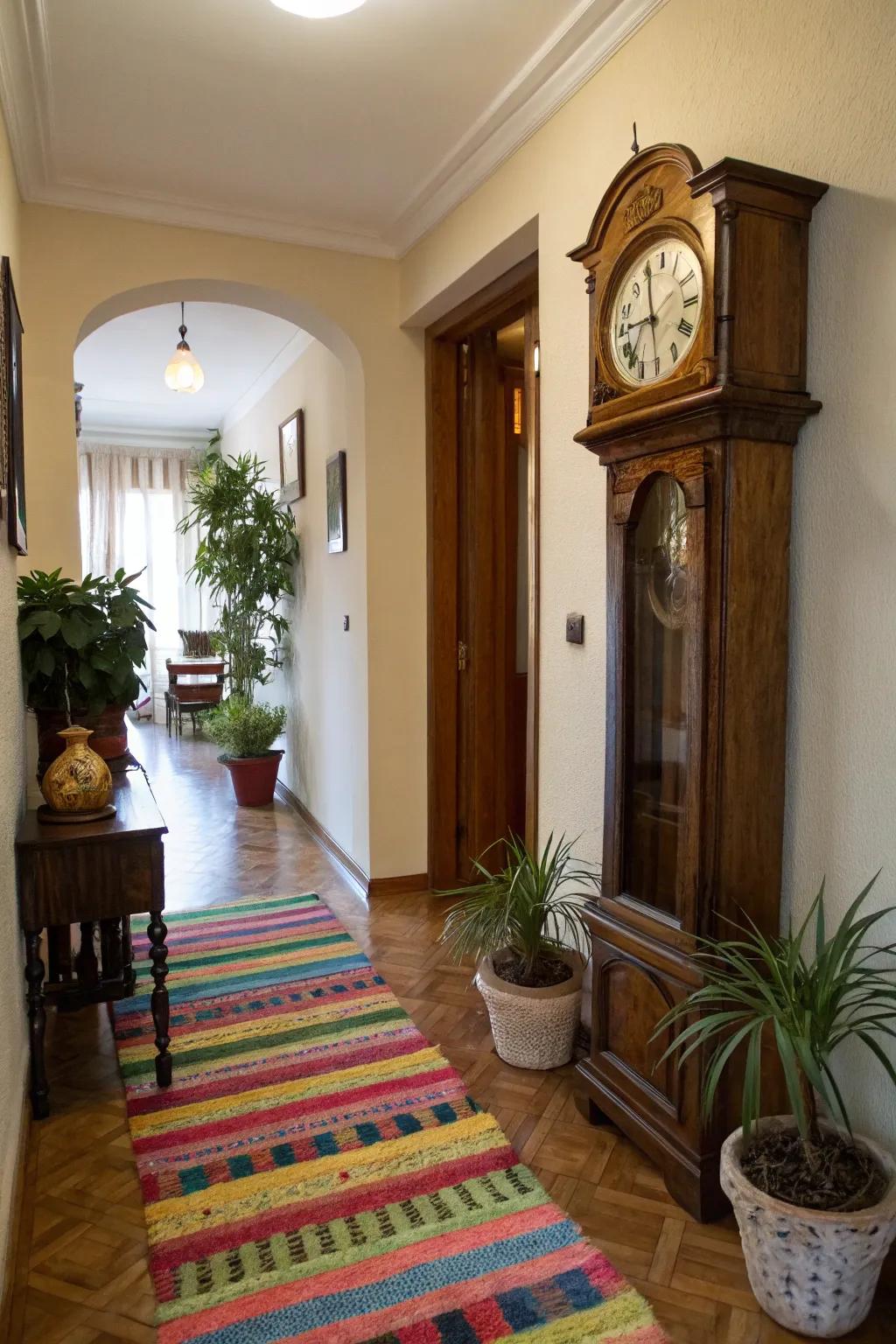 A hallway gains charm with a tall case clock and colorful decor.